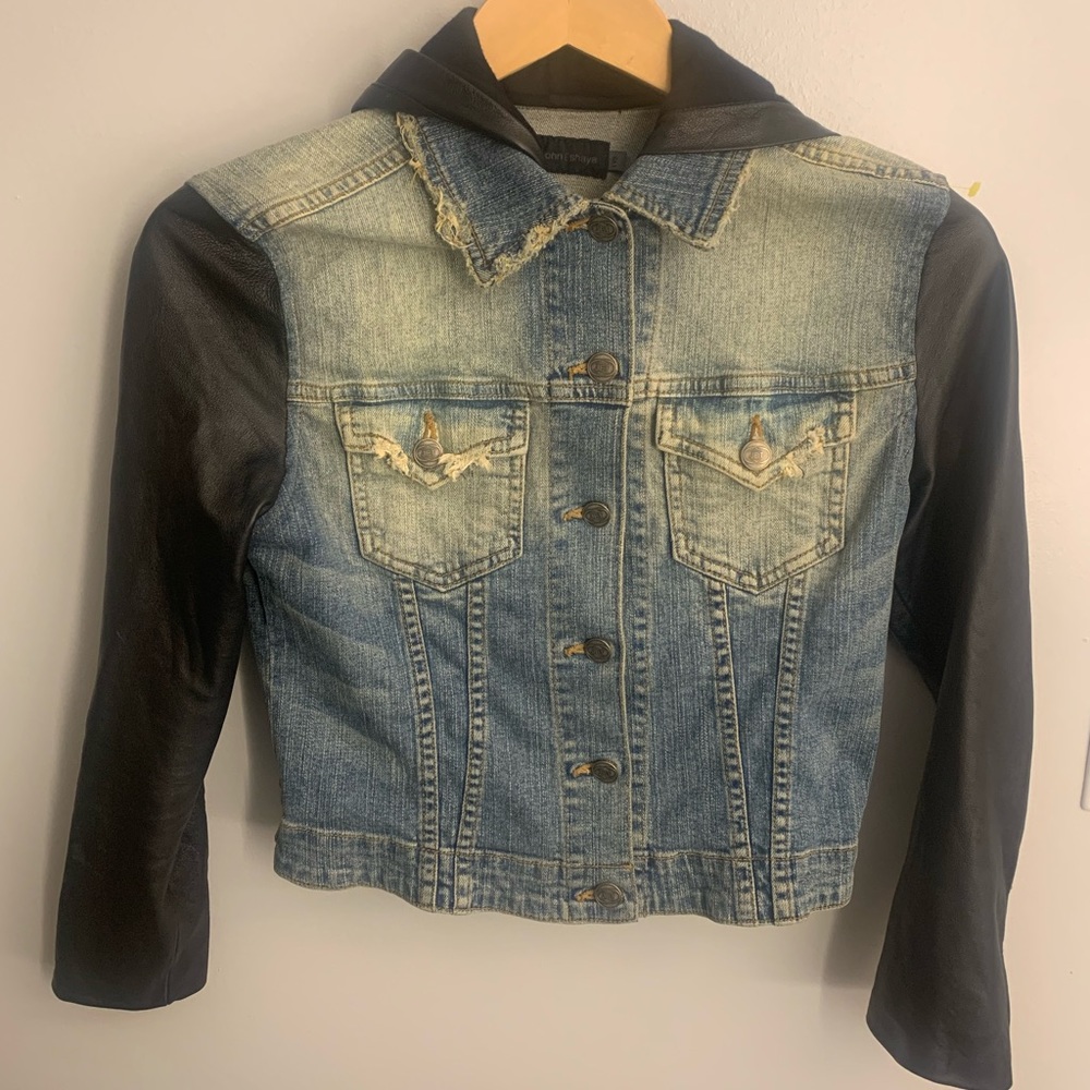 JET by John Eshaya Leather Sleeve Demin Jacket